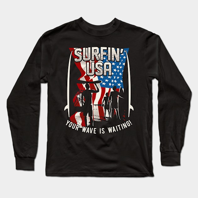 surfing usa with american flag Long Sleeve T-Shirt by Dedonk.Graphic